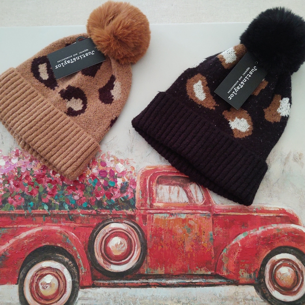 NWt Camel-Tan & Black 🐆Leopard PoM Beanie HaTs~ SeT of 2